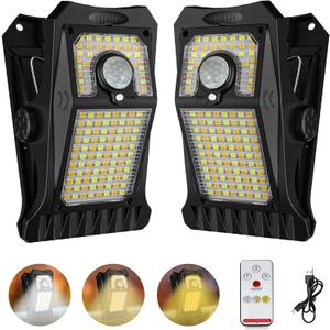 Tryme 118Leds Solar Lights Outdoor Clip Motion Sensor Lights Security Light 3 Modes, 3 Color Temperature, Solar Powered, USB Charging (2 Pack)