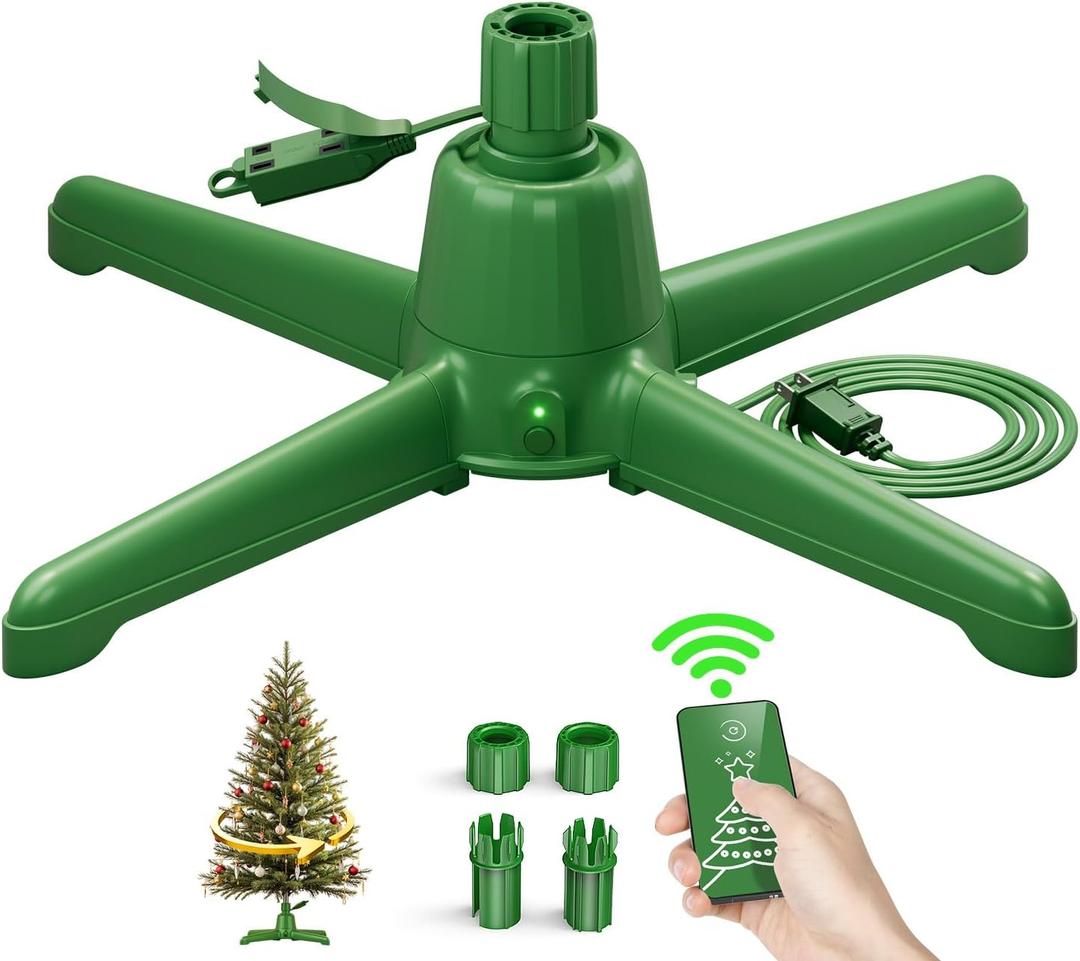 (2025 Upgrade) Rotating Christmas Tree Stand with Remote Control, Stable 360 Revolving Tree Base Stand, Up to 7.5ft 90lb. Adjustable Christmas Tree Holder for Xmas Tree, Artificial Tree (Green) (PureSpin)