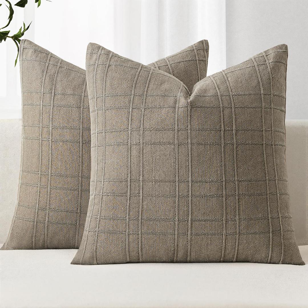 MIULEE Decorative Linen Check Euro Shams Throw Pillow Covers Neutral Farmhouse Vintage Pillow Covers 22x22 Set of 2 Boho Modern Winter Home Decor for Sofa Couch Bedroom Cushion Tan Taupe