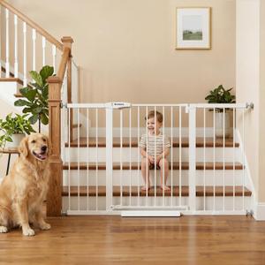 Mumeasy 29.7-57" Extra Wide Baby Gate, Auto Close Large Dog Gate for Doorways, No Drilling Pressure Mounted Pet Safety Gate for Stairs, Easy Walk Through Child Gate for Hallways, House, Indoor, White
