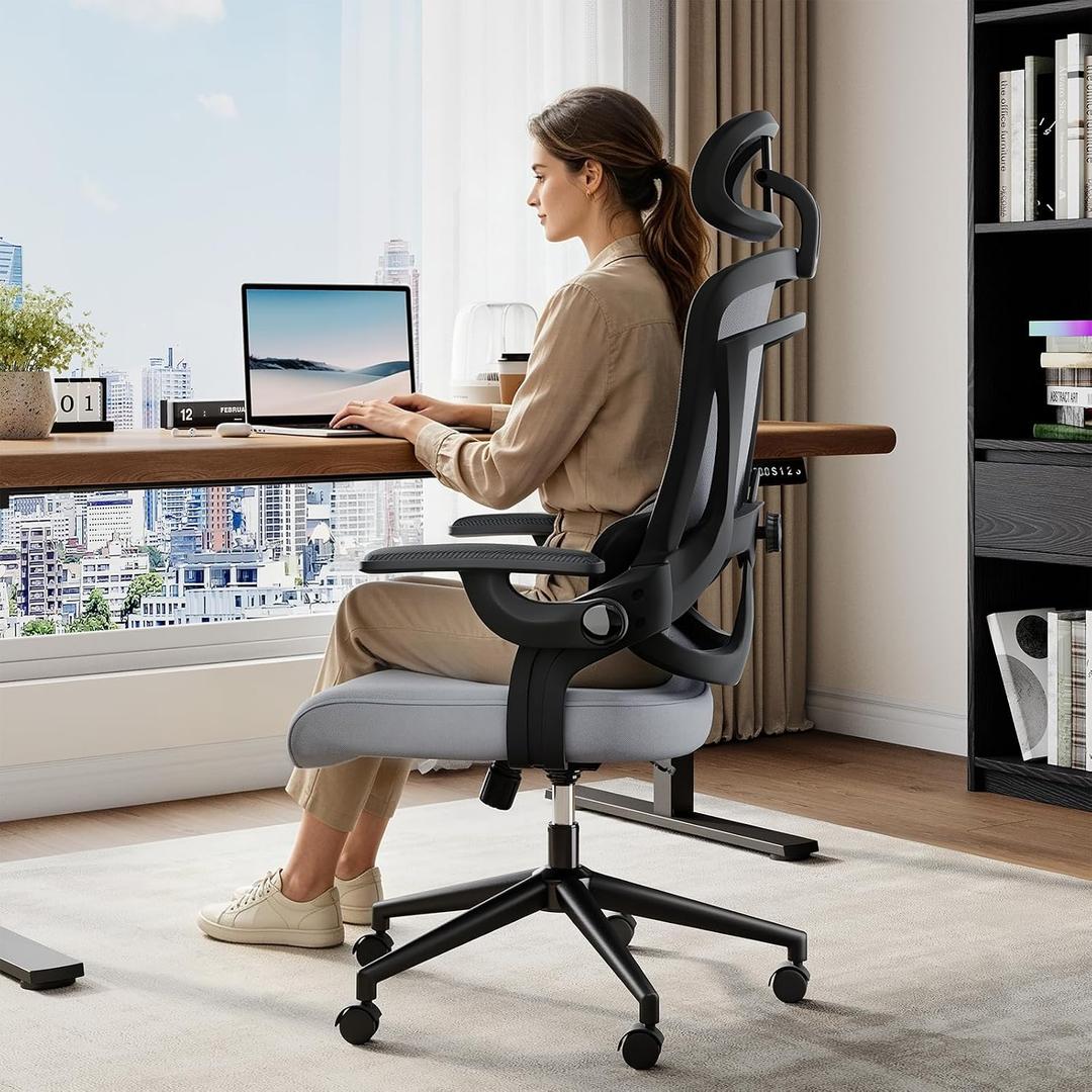 DUMOS Executive Home Office Chair, Ergonomic Computer Desk Chair, Mesh
300 LBS, High Back, 2D Headrest, Adjustable Lumbar Support, Flip-up Armrests, Swivel Wheels, Classic Gray