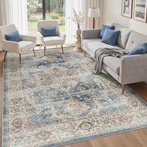 befbee 5x7 Area Rugs for Living Room,Stain Resistant Washable Rug,Non-Slip Backing Rugs for Bedroom,Kitchen,Printed Vintage Home Decor Rug (Navy, 5'x7')