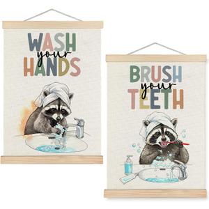 SPBL&L Funny Raccoon Bathroom Wall Art, Bathroom Raccoon Poster Hanger Frame, Humor Trash Panda Hanging Canvas Pictures Prints Wall Decor for Kids Bath Room Washroom, 12x16 Inch Set of 2