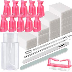 Nail Polish Gel Remover Tools Kit, Soak Off Cap Clip, 200ml Dispenser Bottle, UV Gel Polish Cuticle Pusher, 600 PCS Cotton Pads, Handle Brushes, 100/180 Nail File, Buffer Block, Finger Separators (PINK-SET)