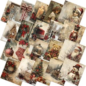 Ganeen 60 Pcs 10 x 10 Inch Vintage Christmas Quilting Fabric Squares Santa Snowman Fat Patchwork Precut Strips Watercolor Nutcracker Fabric Bundles for Winter Xmas DIY Craft Sewing Handmade Material