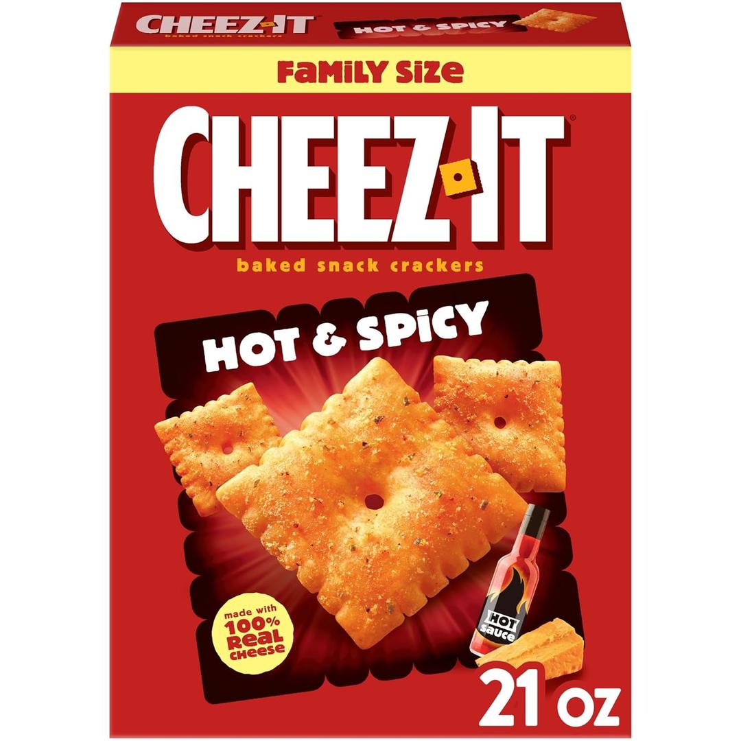 Cheez-It Baked Snack Crackers, Lunch Snacks, Family Size, Hot and Spicy, 21oz Box (1 Box) (EXP 01/05/27)
