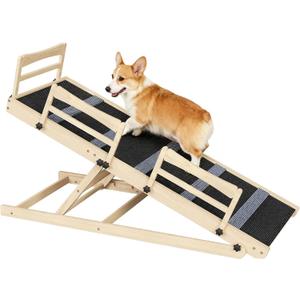 HOOBRO Dog Ramp for Bed, 47.2" Long Foldable Pet Ramp with Non-Slip Mat and Side Rails, Wooden Dog Ramp for High Beds, Couch and Car, 5 Height Adjustable from 15.6" to 25.2", Natural, NB42PT03