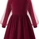 Little Bitty Girls Long Sleeve A-Line Sparkle Tulle Dress, Mock Neck Detachable High Low Mesh Skirt with Pockets Burgundy, 4-5Y