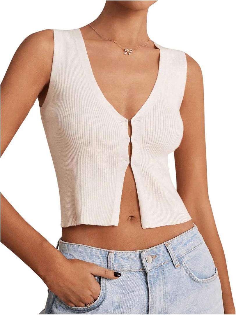 GORGLITTER Women's Knit Top V Neck Sleeveless Button Down Sweater Vest (White, M)