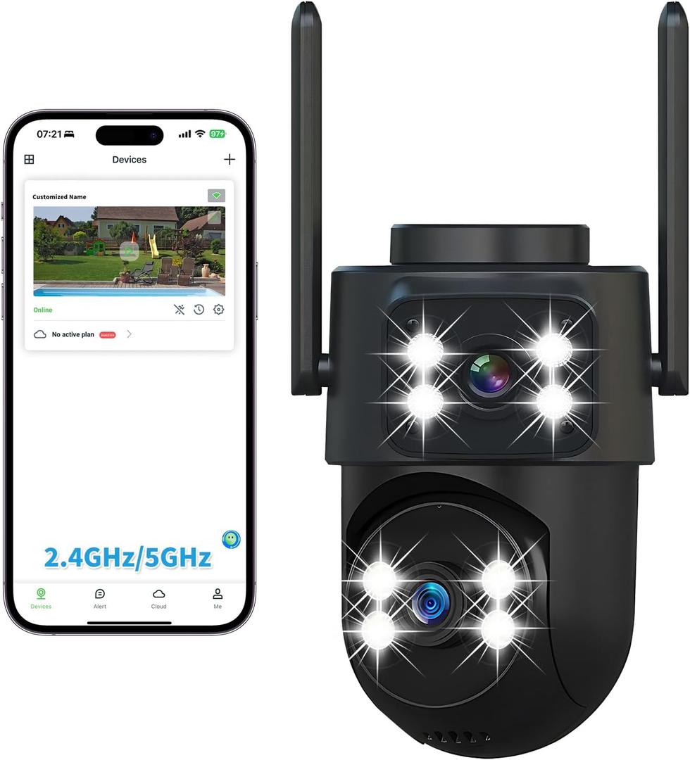 2K 5GHz Dual Lens Outdoor Security Camera, 360 PTZ, AI Detection & Auto Tracking, Color Night Vision, 24/7 Recording, IP65 Waterproof, 2-Way Audio, Supports 128GB microSD (SD Not Included)