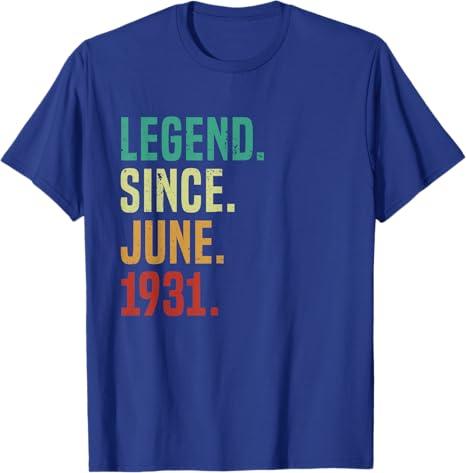 94 Years Old Legend Since June 1931 94th Birthday T-Shirt (XL, Royal Blue)