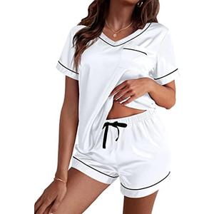 Ekouaer Silk Pajama for Women Short Sleeve Satin Pj Set Two Piece Soft Sleepwear Loungewear, M