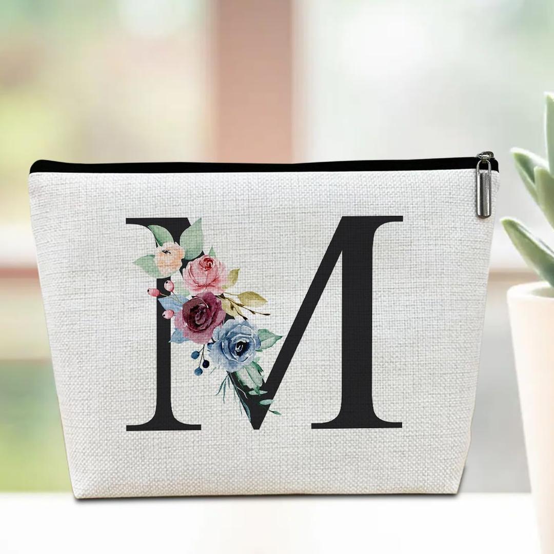 Initial Makeup Bag, Bridesmaid Gifts Travel Pouch, Personalized Gifts Lined Cosmetic Bag Toiletry Bag, Bridal Shower Monogrammed Gifts for Women Girls Sisters Mama Makeup Pouch, Letter M
