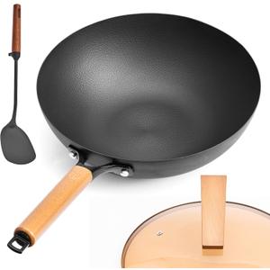 WANGYUANJI Carbon Steel Wok Pan with Glass Lid, 12.6" Flat Bottom Stir Fry Pan for Induction, Electric & Gas Stoves, Nitrided Uncoated Iron Skillet, 3-4 People