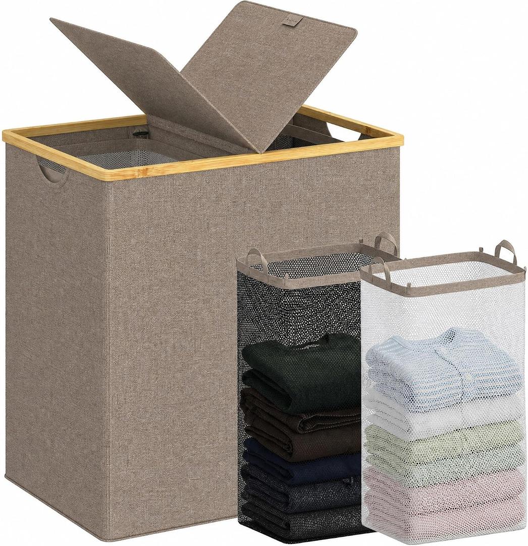 efluky Double Laundry Hamper with Lid and 2 Removable Bags, Brown, 140L Dual