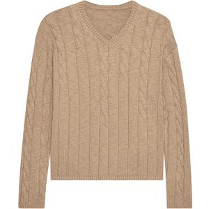 ZAFUL Women's V Neck Cable Knit Sweater 2025 Fall Pullover Long Sleeve Ribbed Loose Top Casual Outfits (Khaki)