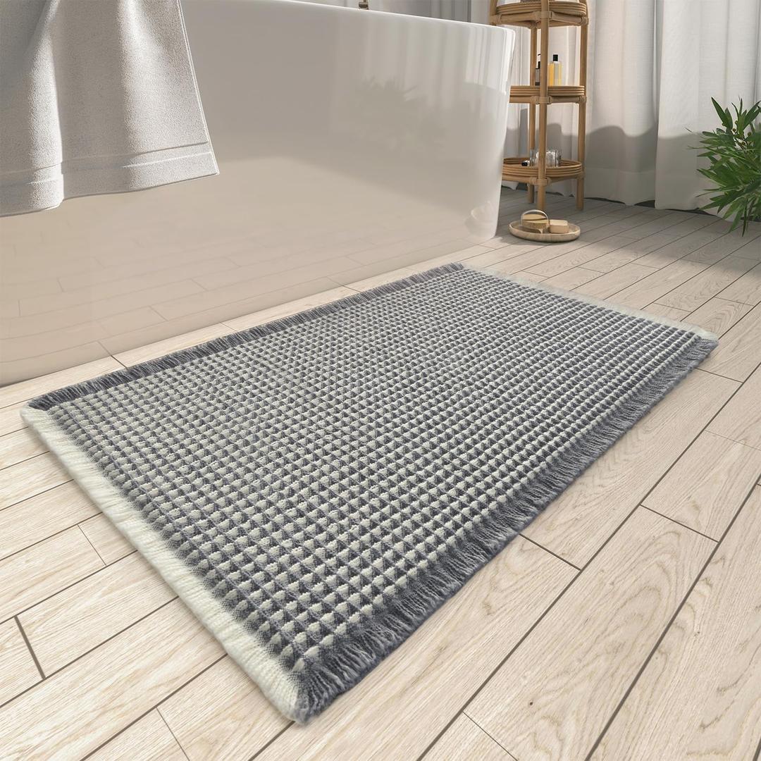 AMOAMI Upgraded Waffle Bath Mat, Super Absorbent Non Slip Bath Mats for Bathroom Floor, Washable Bathroom Rugs with Tassels, Rubber Backed Bathroom Mats, Ultra Soft,  Dark Grey & Cream