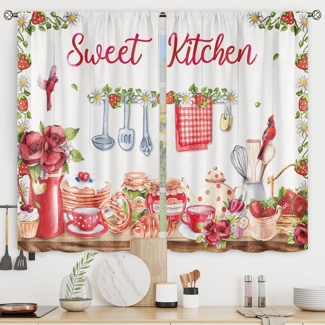 Riyidecor Rustic Farmhouse Kitchen Curtains Small Short Strawberry Floral Fruit Dessert Wood Board Red Watercolor Rod Pocket Country Daisy Bedroom Living Room Treatment Fabric 2 Panels 27.5Wx39H Inch