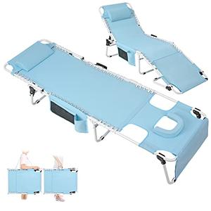 Oversized Heavy Duty Tanning Chair with Face Hole Adjustable 5-Position Folding Chaise Lounge Chairs for Outside Portable Layout Beach Lounge Chair for Outdoor Sunbathing Patio Pool Lawn Deck Poolside