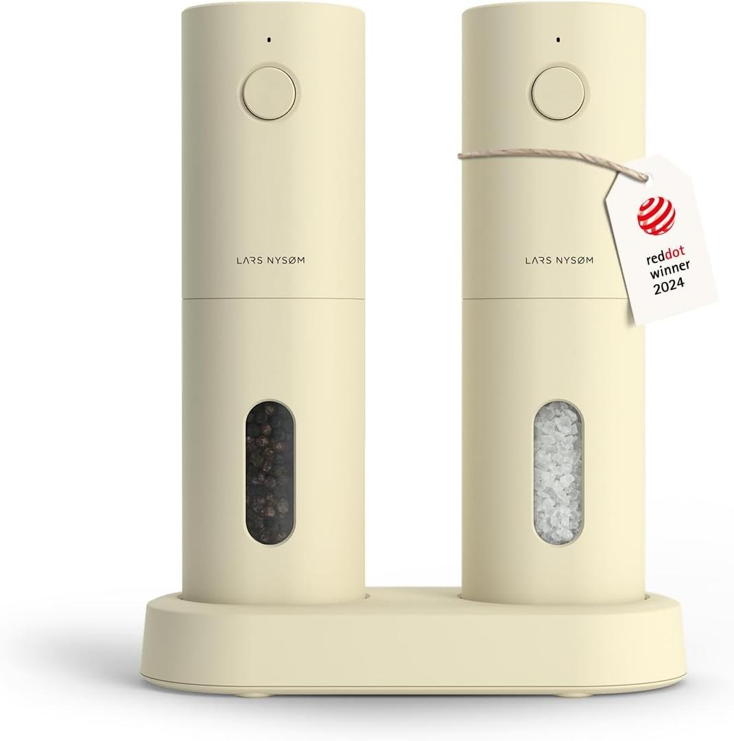 LARS NYSM Electric Salt and Pepper Grinder Set, USB Rechargeable, Automatic Salt and Pepper Mills, Spice Shakers Refillable with LED Light, Adjustable Coarseness, Ceramic Grinder (Butter Cream)
