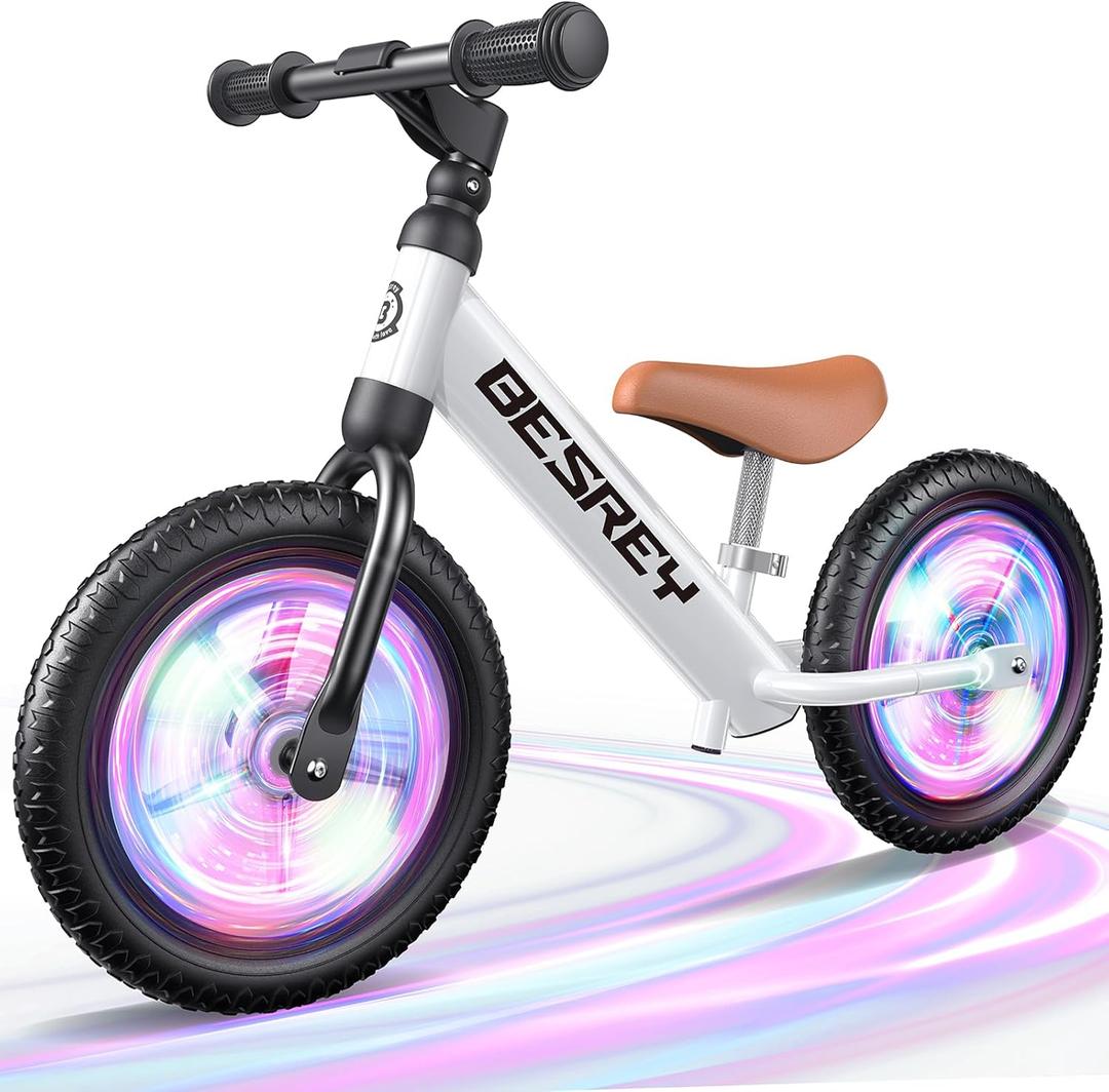 besrey Toddler Balance Bike 2 Year Old, All-Metal Frame | 12" Motion-Activated Lighting Wheels | All-Terrain | Kids Bike with Padded Adjustable Seat | Gift Bike for Boys Girls 2 3 4 5 Years Old (White)