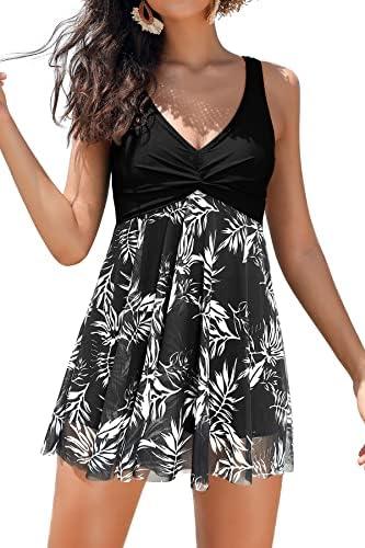 SHEKINI Womens V Neck One Piece Swimsuit Net Yarn Modest Tummy Control Skirtini Swimdress Bathing Suits, Size: XL