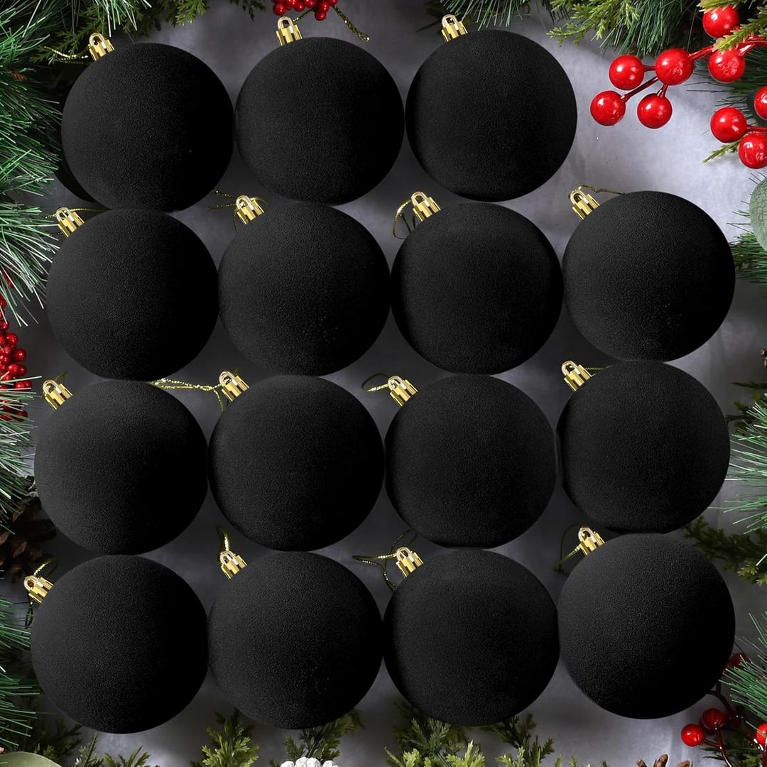 OCTERIC 24 Pcs 3.15Inches Velvet Christmas Ball Ornaments, Shatterproof Black Flocked Bulbs Decorations Set, Retro Decorative Hanging Plastic Ornaments for Xmas Tree Holiday Party Décor