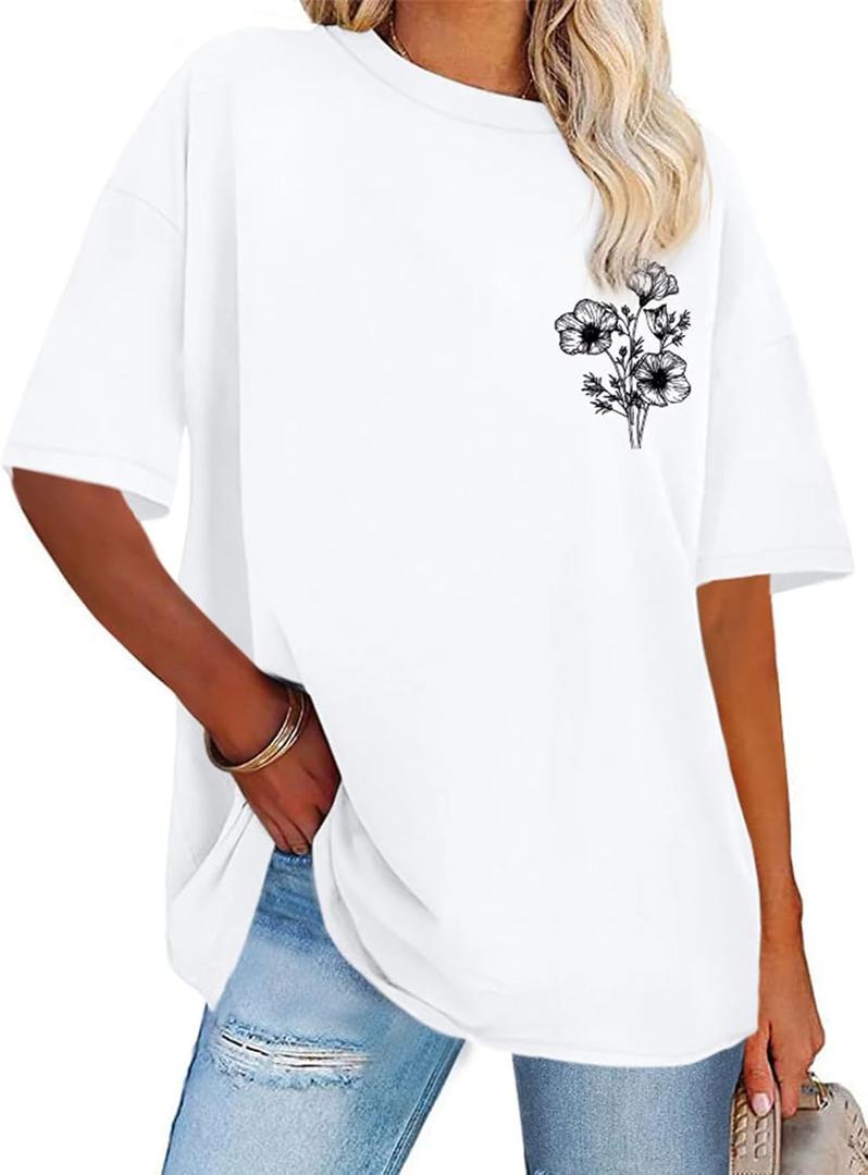 Womens Oversized Tshirt Graphic Tees Crew Neck Summer Short Sleeve Loose Fit Tops 2026 (White, XXL)