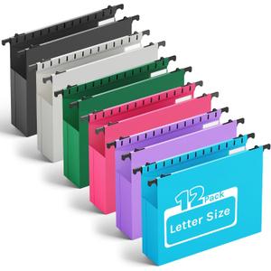 Plastic Hanging File Folder Letter Size,Heavy Duty 2" Expandable File Folder with Tabs,12 Pack Reinforced Expanding Hanging Folder,File Cabinet Folders,Extra Capacity,Hanging Organizer for Home Office (Multicolored)