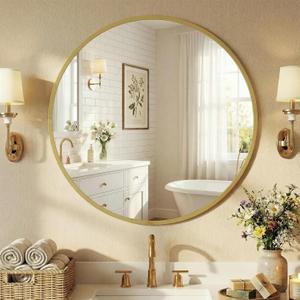 NEWBULIG 24 Inch Round Wall Mirror, Bathroom Mirrors for Over Sink, Matte Metal Framed Circle Vanity Mirror, Wall Decor for Bedroom, Entryway, Anti-Rust, Tempered Glass, Hanging or Leaning, Gold