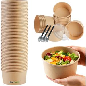 25 oz Disposable Kraft Paper Bowls with Lids and Sporks, 48 Sets Leak-Proof Meal Prep Containers for Hot & Cold Food, Soup, Salad, Snacks, Ice Cream, Desserts, Food Bowls