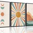 okudolit Mid Century Modern Boho Framed Canvas Wall Art Set of 3 Geometric Minimalist Abstract Colorful Sun Moon Mountain Pictures Wall Decor Paintings Prints for Living Room Bedroom Office-16x24in