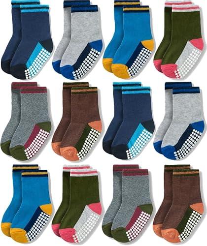 JAKIDAR 11 Pack Baby Toddler Socks Non Slip Grip Cotton Crew Socks for Boys Girls Infants Kids
