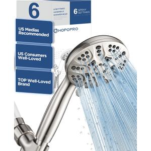 6-Mode High Pressure Handheld Shower Head Set, Consumer Reports Recommended HOPOPRO High Flow Hand Held Showerhead with 59 Inch Hose Bracket Teflon Tape Rubber Washers (Brushed Nickel)