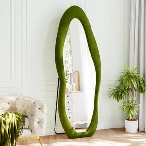Full Length Mirror, 63"x24" Full Body Mirrors, Flannel Floor Mirrors with Stand, Irregular Wavy Mirror Hanging or Leaning Against Wall for Bedroom Living Room, Green