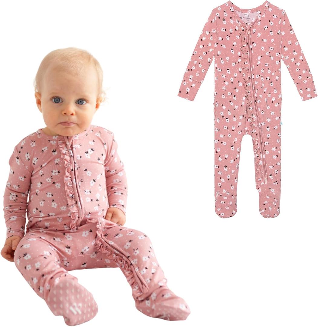 Posh Peanut Footie Pajamas for Baby Girls  Sleepers in Ultra-Soft Viscose from Bamboo with 2-Way Zipper & Ruffle Trim (3-6 Months, Emmilene)