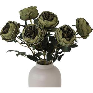 mizii 6Pcs Burnt Green Artificial Roses Flowers Fake Silk Roses Flower with Long Stem for Wedding Decorations Table Centerpieces Flower Arrangement Home Decor (Burnt Green)