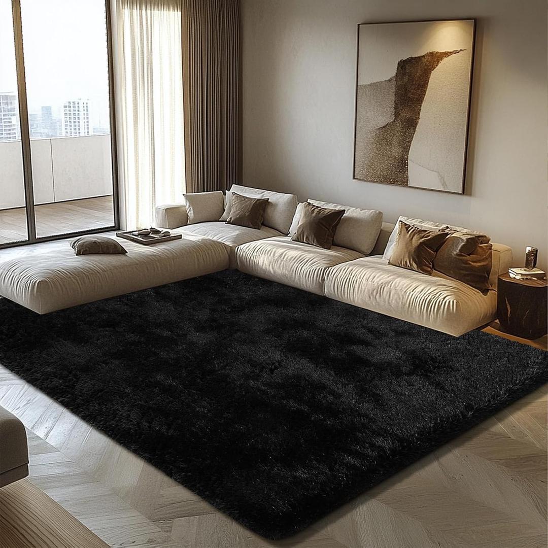 Shag Area Rug for Bedroom 4x6,Black Fluffy Area Rugs for Living Room,Soft Fuzzy Rug Non-Shedding Indoor Plush Carpet for Kids Bedroom Nursery Dorm Home Decor (4x6 Feet, Black)