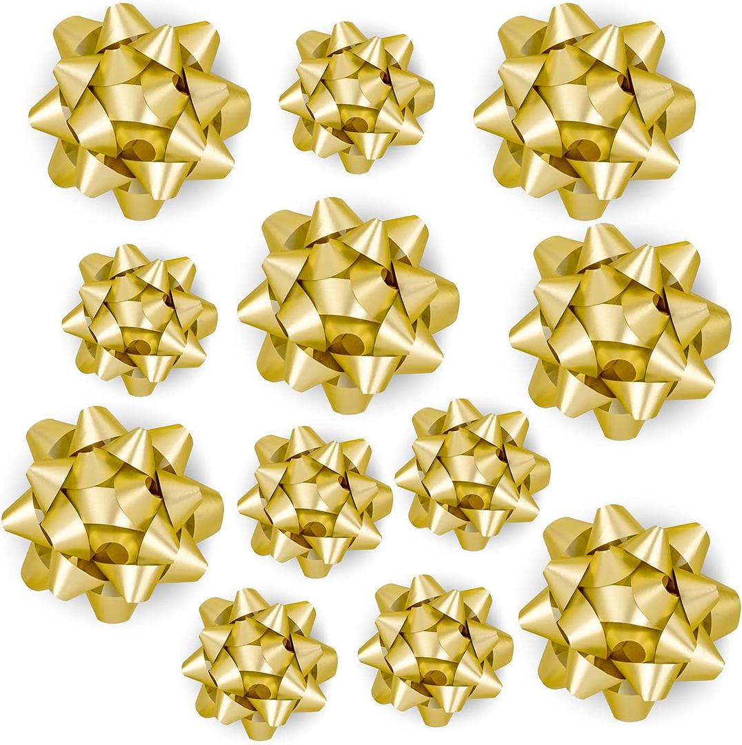 WRAPAHOLIC Matte Gold Gift Bow Assortment (12 Bows) for Birthday, Wedding, Christmas, Baby Shower, Bridal Showers