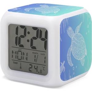 Sea Turtle Alarm Clock for Kids Boy Girl 7 LED Color Changing Wake Up Clock Home Decor Bedroom Digital with Temperature Display