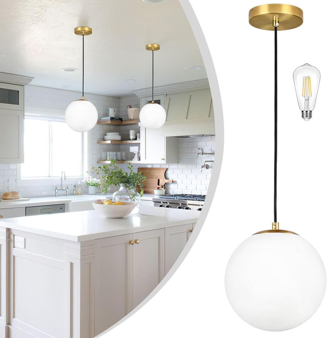 KoKo&Yukina 10" Globe Pendant Light Gold Mid Century Pendant Light Glass Globe Mid Century Modern Light Fixture Brushed Brass Finished with Milk Glass Lampshade for Dining Room Bedroom