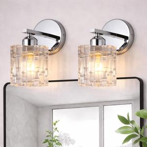 2-Pack Chrome Crystal Bathroom Vanity Lights, 1-Light Wall Mount Fixture for Over Mirror, Modern Wall Light for Bathroom, Bedroom, Hallway