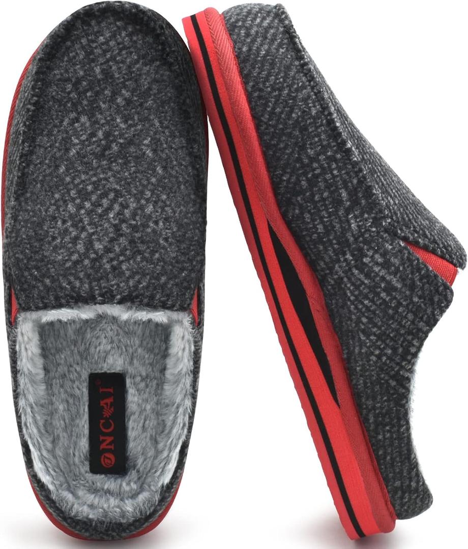 ONCAI Mens Clog Slippers with Arch Support Stripe Faux Fur Cotton-Blend High-Density Memory Foam Warm House Slippers Slip-on Indoor Outdoor Rubber Sole Size 7-16 (11, Black/Red)