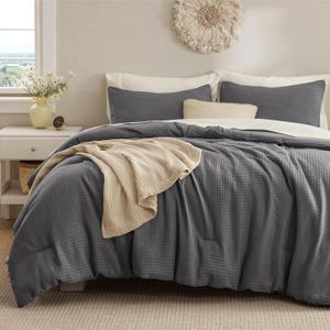 Bedsure Waffle Comforter Set Queen, Soft and Breathable Dark Grey Bedding Comforter Set, 3 Pieces, 1 Waffle Weave Comforter (90"x90") and 2 Pillowcases (20"x26"+2")