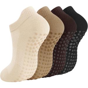 Breslatte Pilates Grip Socks Cotton Ankle Mesh Non Slip Yoga Socks with Grips for Women Men for Barre Workout Gifts (4p1 Mesh05 Black/Beige/Lightbrown/Coffee)