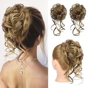 HOOJIH Messy Bun Hair Piece, 2PCS Tousled Updo with Tendrils Bun Extensions Wavy Curly Hair Wrap Ponytail Hairpieces Scrunchies for Women HB010 Dasiy - Medium Brown with Blonde Highlights