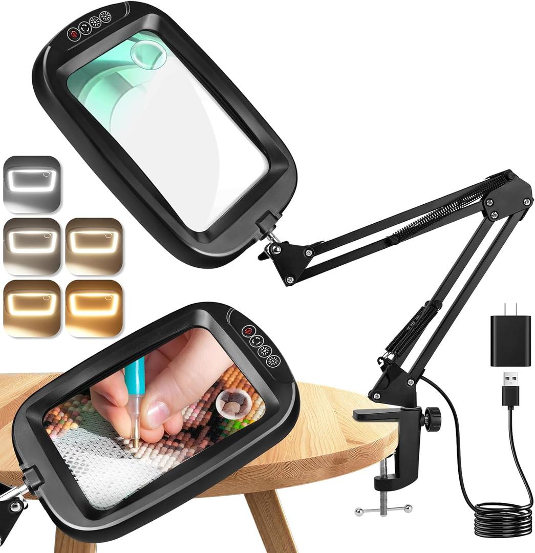 10X 30X Extra Large Magnifying Glass with Light and Clamp, Rectangle Hands Free Magnifier with 5 Color Modes, Adjustable LED Lighted Magnifying Desk Lamp for Reading Close Work Craft Painting (Black)