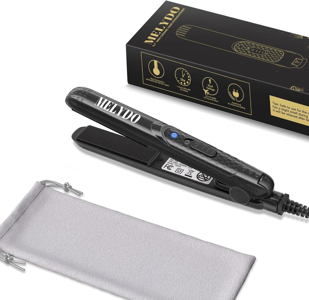 Mini Flat Iron, Ceramic Tourmaline Small Hair Straightener for Short Hair/Bangs, Dual Voltage Travel Hair Straightener, Portable Mini Straightener with Storage Pouch (Black)