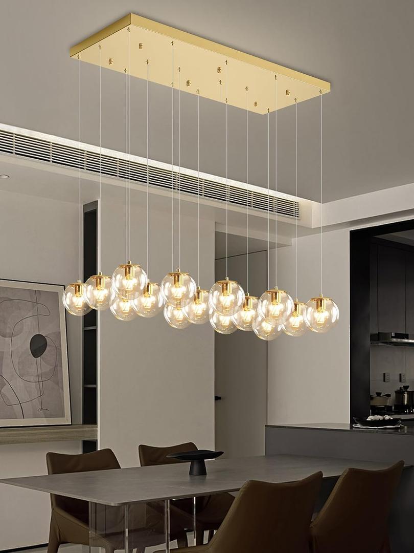 ykolupty Glass Chandelier LED Modern Gold Pendant Light Globe Ceiling Light 16-Lights Glass Ball Chandeliers for Staircase Living Room Hotel Hallway Foyer Entryway (16 Lights-Rectangle Chandeliers)