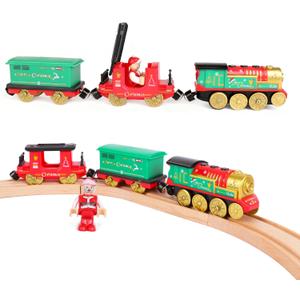 Battery Operated Train for Wooden Track,Christmas Motorized Train Locomotive Set with Magnetic Connection,Lights and Sounds,Wooden Train Accessories for Kids Boys